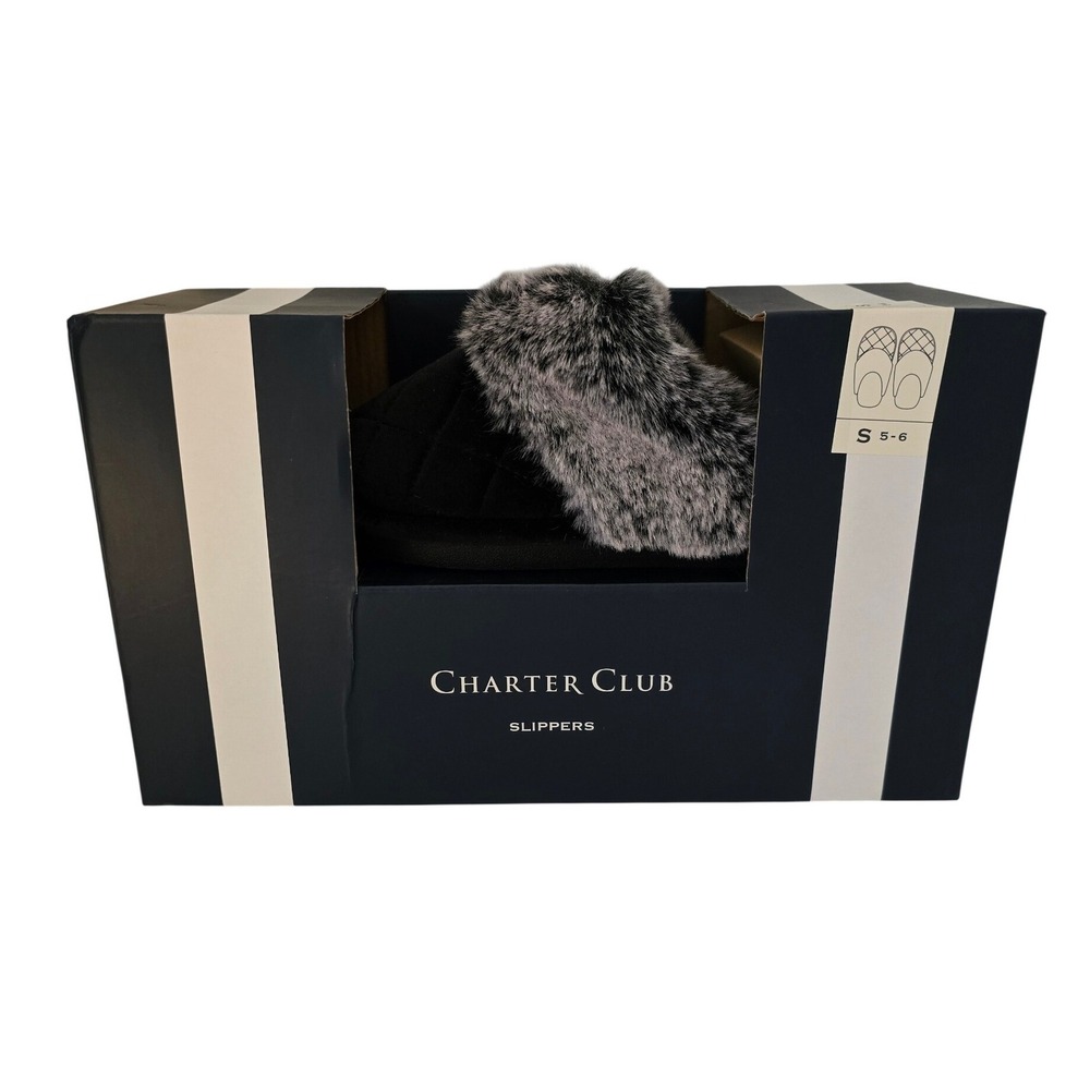 Charter Club Womens Black Quilted Faux Fur Trim Scuff Slippers 5-6 S